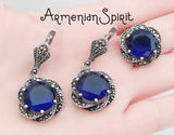 Blue topaz flower earrings marcasite SILVER 925