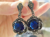 Blue topaz flower earrings marcasite SILVER 925
