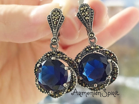 Blue topaz flower earrings marcasite SILVER 925