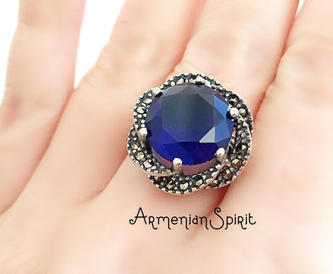 Blue topaz ring Set Sterling marcasite jewelry