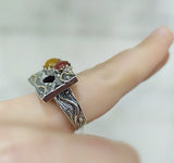 Ring SILVER RING 925 Gold plated Natural carnelian Red Natural jadeite yellow