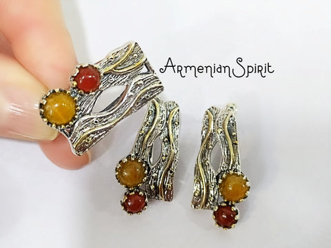 SILVER set 925 real Gold plated with Natural carnelian jadeite
