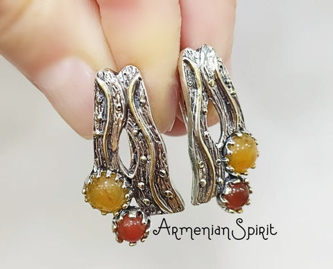 SILVER Earrings 925 real Gold plated with Natural Carnelian jadeite