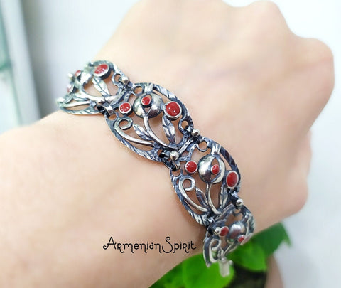 Women SILVER 925 bracelet wide with pomegranates Sterling 925 enamel red