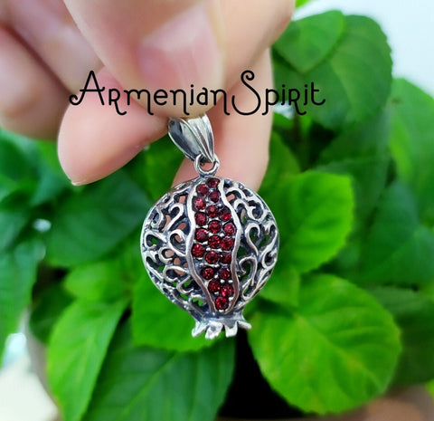 SILVER pendant Pomegranate red pendant zircon stones Charm