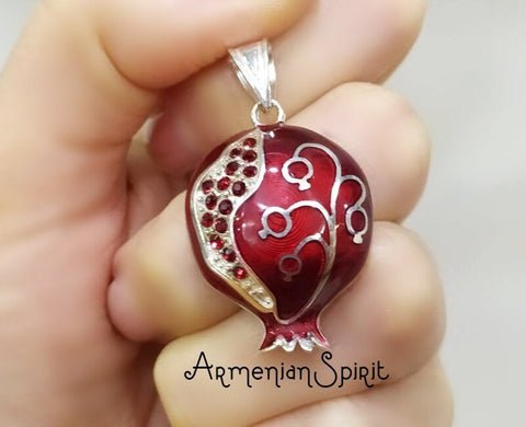 SILVER 925 Pomegranate red pendant Enamel and zircon stones Charm