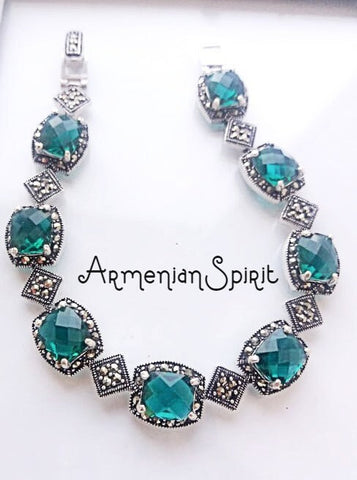 Bracelet Sterling SILVER 925 marcasite jewelry Emerald green