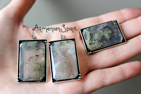 Jewelry Set Silver 925 green agate earrings and adjustable ring