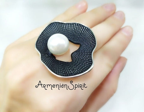 White Pearl ring Black SILVER 925 Extra big rings for women large jewelry