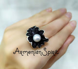 Black 925 Silver jewelry set Lab pearl Dangle Drop Earrings and Ring SET