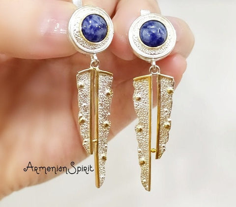 Gold and silver earrings Natural blue lapis lazuli very long earring