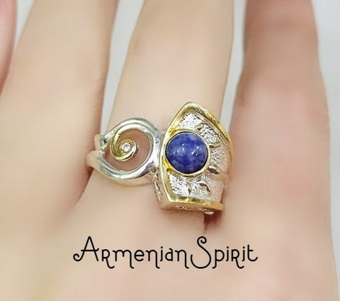 Gold and silver 925 ring women Natural blue lapis lazuli