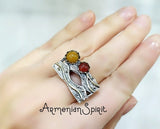 Ring SILVER RING 925 Gold plated Natural carnelian Red Natural jadeite yellow