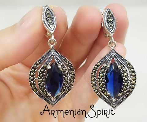 Royal blue stone Marcasite earrings Silver 925 lab topaz