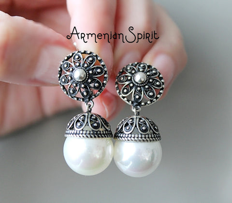 Earrings White lab pearl Sterling Silver 925