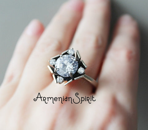 Wedding ring 925 Silver white zircon crystal diamond shape