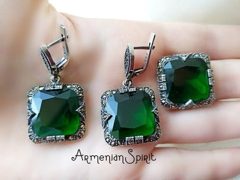 Jewelry set earrings and ring green SILVER 925 marcasite