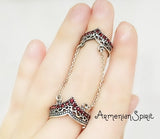 Double ring with chains SILVER 925 Red zircon stones Crown jewelry