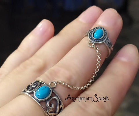 Double ring silver 925 real turquoise Bohemian light blue