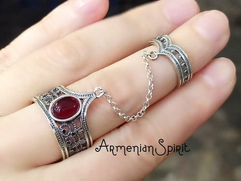 Double ring silver 925 red stone Bohemian jewellery Designer