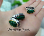 Gold and silver 925 SET earrings and Ring Malachite gemstone