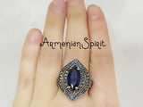 Royal blue stone Marcasite Ring women Silver 925 lab topaz