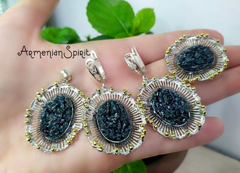 Silver 925 set Druse Ring Earrings and Pendant Natural gemstone