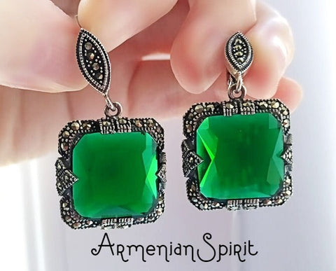 Marcasite earrings Green topaz jewelry SILVER 925