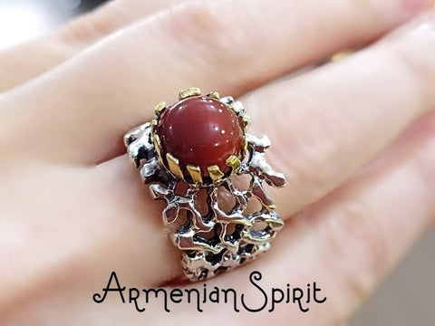 Ring Natural Carnelian jewelry 925 Silver and real gold plated
