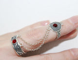 Double ring with chain Silver 925 pomegranate red stone