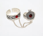 Double ring with chain Silver 925 pomegranate red stone