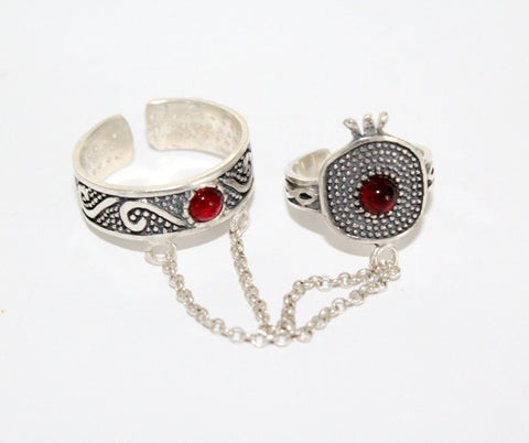 Double ring with chain Silver 925 pomegranate red stone
