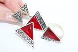 Red earrings Triangular jewelry geometric English lock traditional SILVER 925