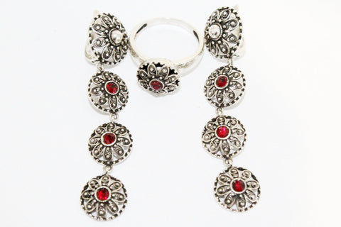 Silver 925 SET long earrings and ring SILVER 925 zircon red stone Flowers
