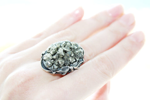 Druse jewelry RING silver 925 Pirit gold colored Natural Gemstones