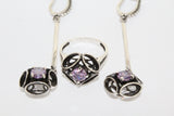 Delicate set Purple Silver 925 Very Long earrings Light weight and Ring