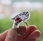 Women ring Silver 925 Semi circle Red garnet stone