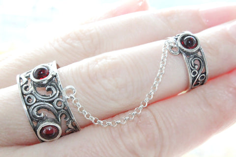 Double ring with red stones Silver 925 Floral Herbal pattern