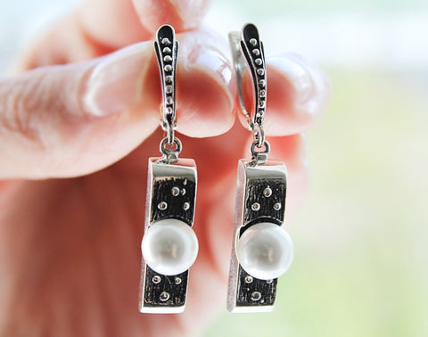 Dangle Drop Earrings White pearl SILVER 925