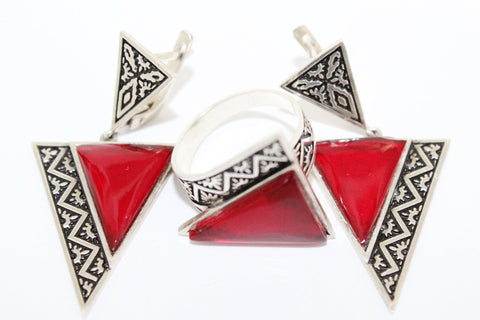 Red earrings Triangular jewelry geometric English lock traditional SILVER 925