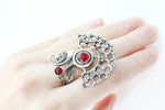 925 SILVER set Earrings and ring women Semi circle red garnet
