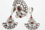 925 SILVER set Earrings and ring women Semi circle red garnet