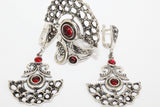 925 SILVER set Earrings and ring women Semi circle red garnet