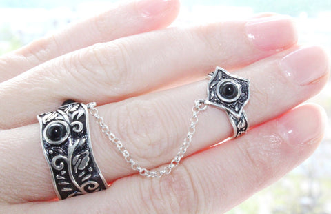 Double ring silver 925 black onyx stones jewels Adjustable