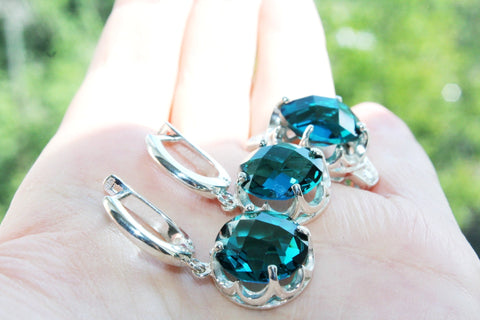 EARRINGS and RING Teal jewelry Silver 925 zircon stones light blue