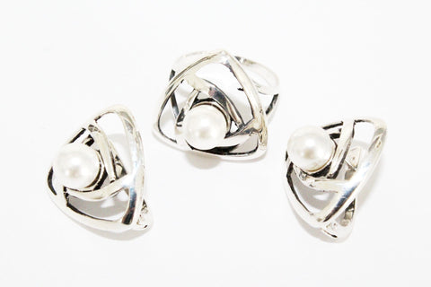 White pearl set 925 Earrings and ring Silver small white pearls jewelry
