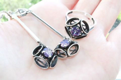 Delicate set Purple Silver 925 Very Long earrings Light weight and Ring