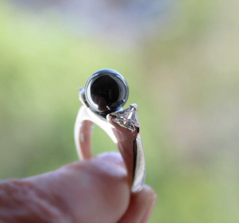 Black pearl ring 925 Silver with white zircon