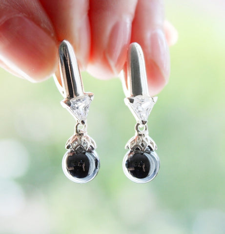 Black pearl Earrings 925 Silver with white zircon Armenian