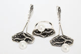 Oxidized Silver 925 jewelry set White pearl Long Earrings and Ring